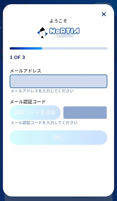 ノルティアカジノ登録画面